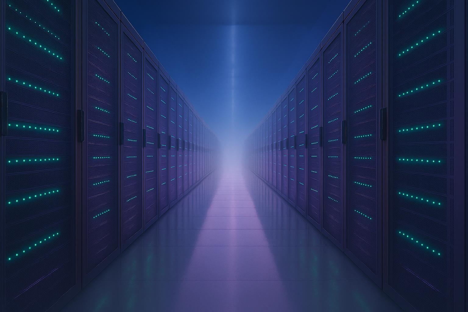 Modern enterprise data center — rows of server racks and network infrastructure