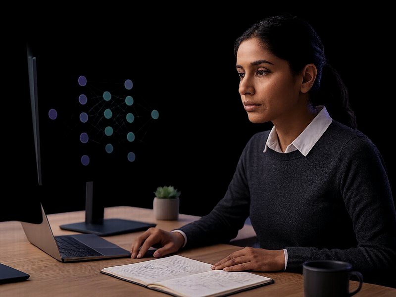 Senior ML engineer at workstation reviewing a neural-network architecture — AI & machine learning talent
