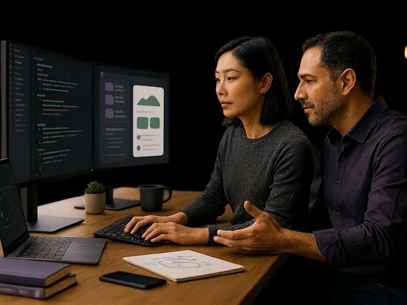 Two full-stack engineers pair-programming with IDE and mobile preview — LAMP, Java, .NET, Node, JavaScript talent