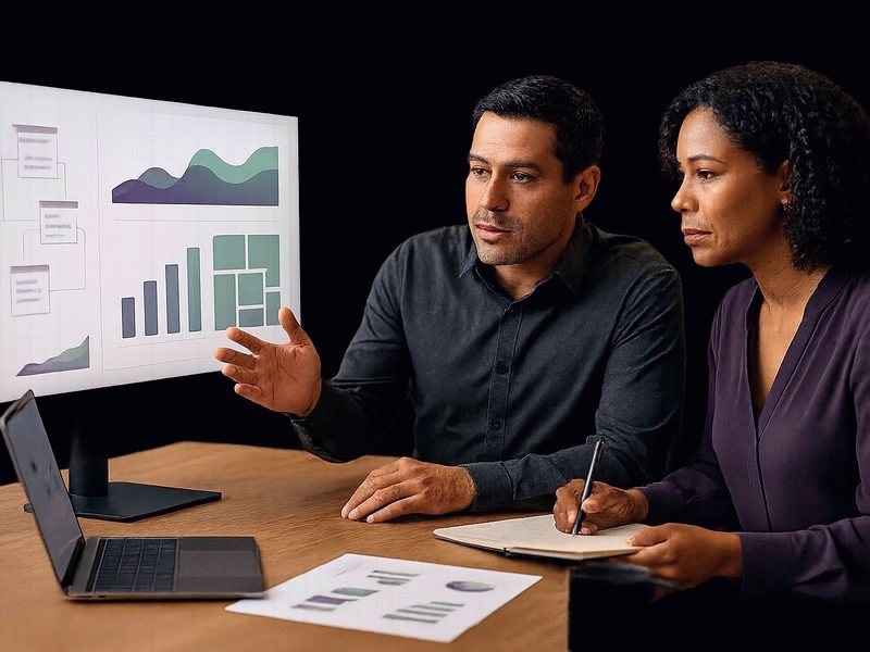 BI engineer and business stakeholder reviewing an executive analytics dashboard — Tableau, Power BI, Looker talent