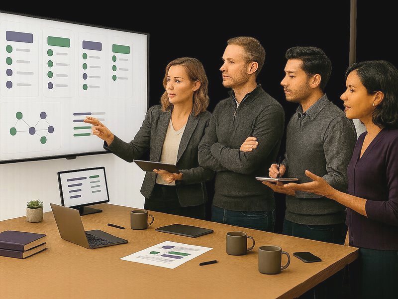 Cross-functional IT delivery team at a sprint board — infrastructure, security, project management, mobile, QA, business analysts