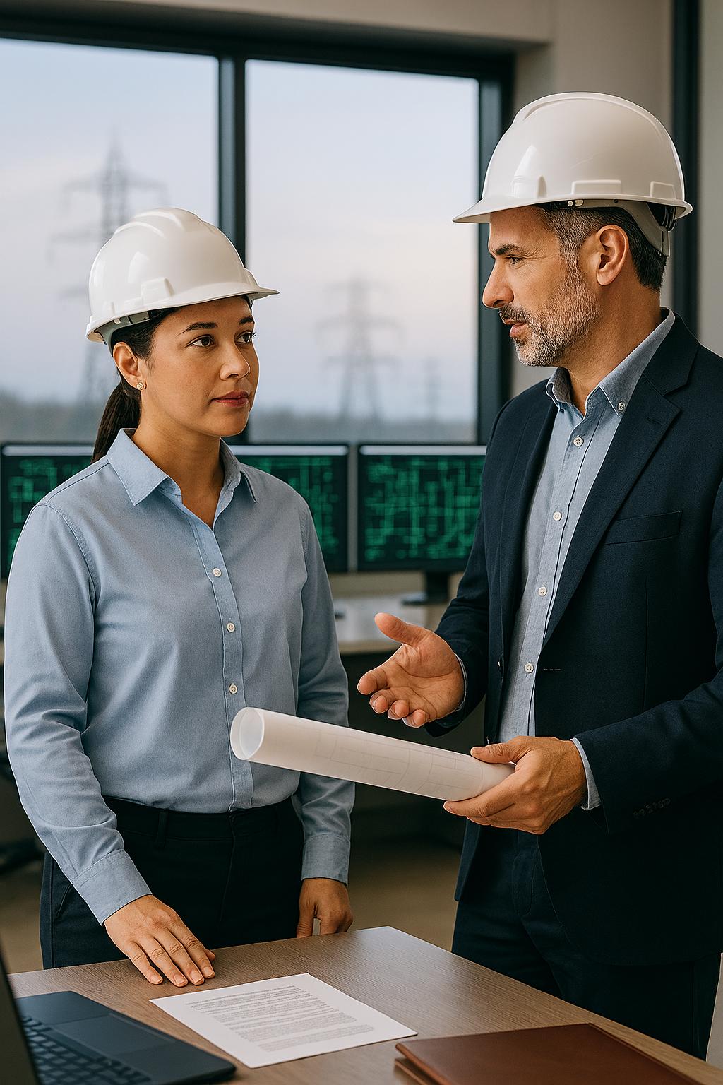 Three engineers in a power-substation control room reviewing blueprints at dusk — Black female engineer mid-conversation in hardhat, transmission towers visible through windows, SCADA dashboards glowing in violet behind them